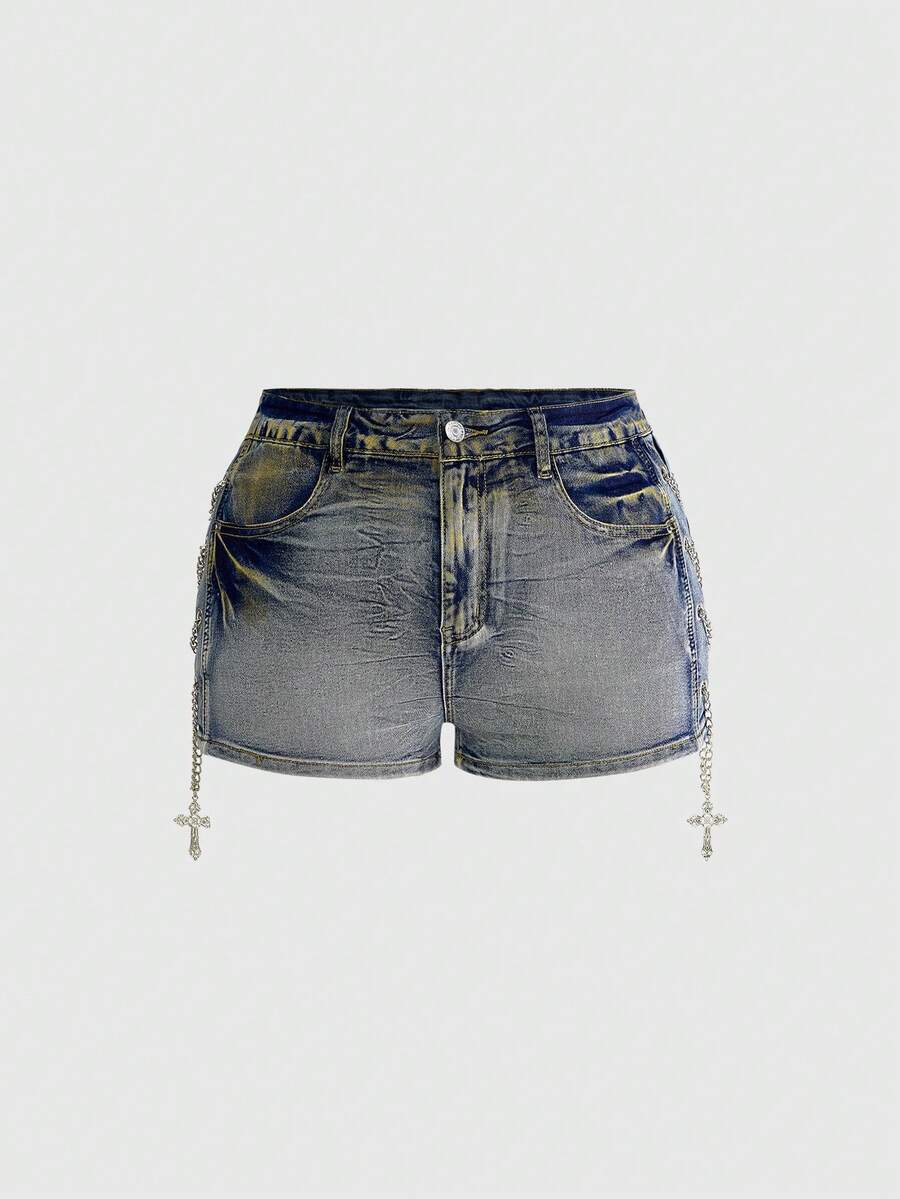 ROMWE Grunge Punk Plus Size Distressed Vintage Washed Side Metal Cross Pendant Low Waist Mini Denim Shorts - Blue - View 1