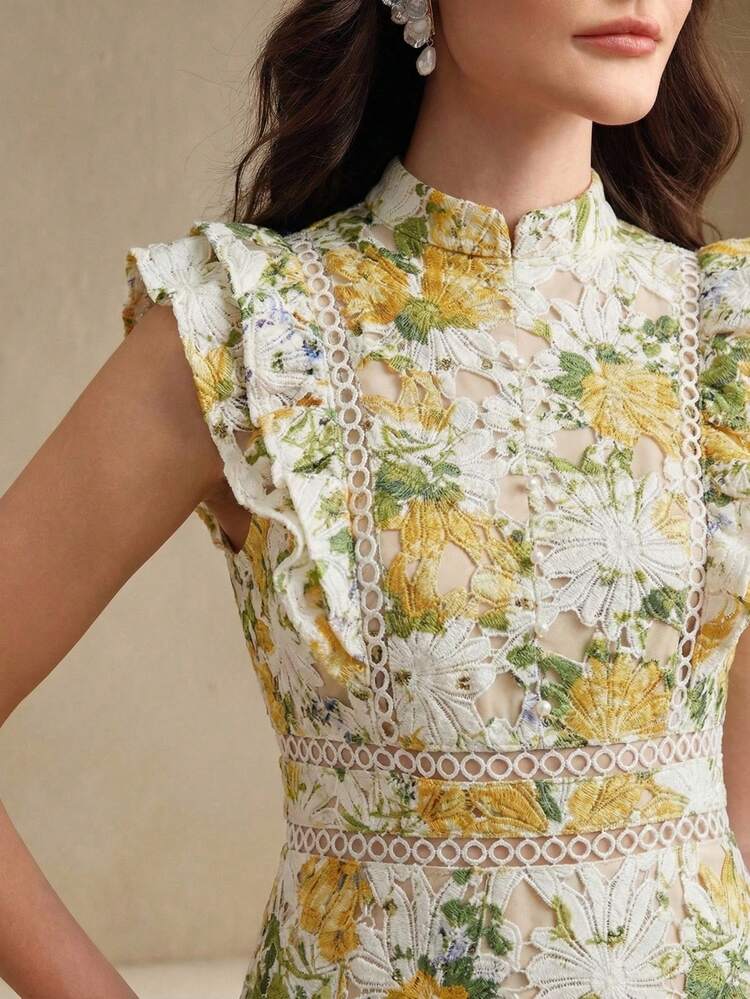 Elegant Vacation Yellow-Green Water-Soluble Lace Flared Ruffle Sleeve Waist Cinching Long Dress For Women