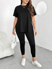 Enliva Plus-Size Women's Sommar Black Casual Gym Short-Sleeved T-Shirt And Leggings 2 Pieces Set,Comfortable Sportswear For Apple And Rounded Body - Black - View 6