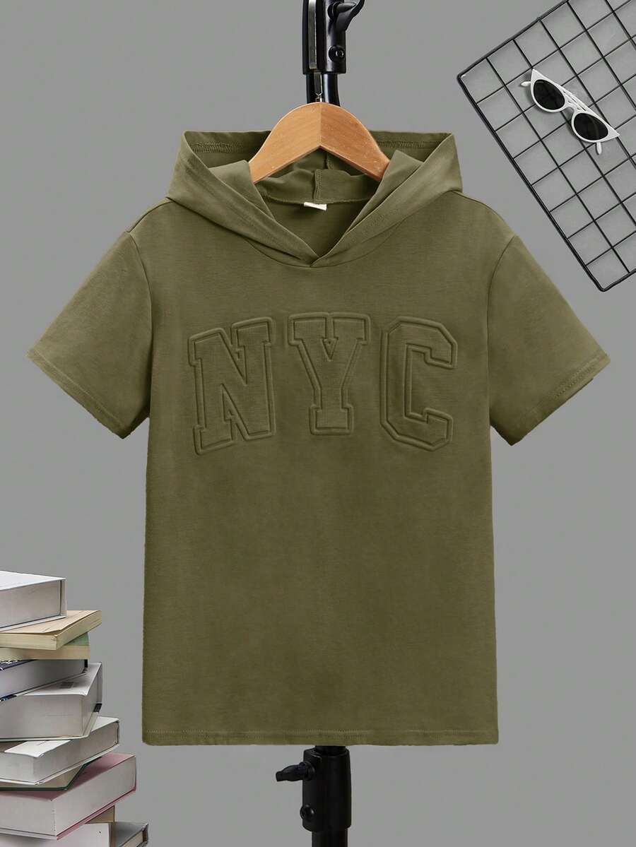 Tween Boy Letter Embossed Knit Short Sleeve Casual Hoodie T-Shirt - Army Green - View 1