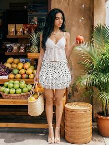 Sweetina 休闲波点印花蕾丝拼接迷你裙 - 白色 - 查看 6
