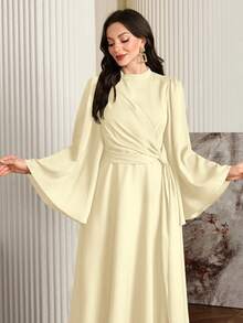 Modelyn Women Elegant Solid Color Bell Sleeve Arabic Dress, Autumn Long Evening Dresses - Yellow - View 5