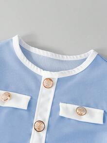 Tween Girl Retro Chic Color Block Short Sleeve Dress,High Waist Snug Fit Gold Button Accent Light Blue And White Summer Elegant Party Back-To-School - Blue - View 3