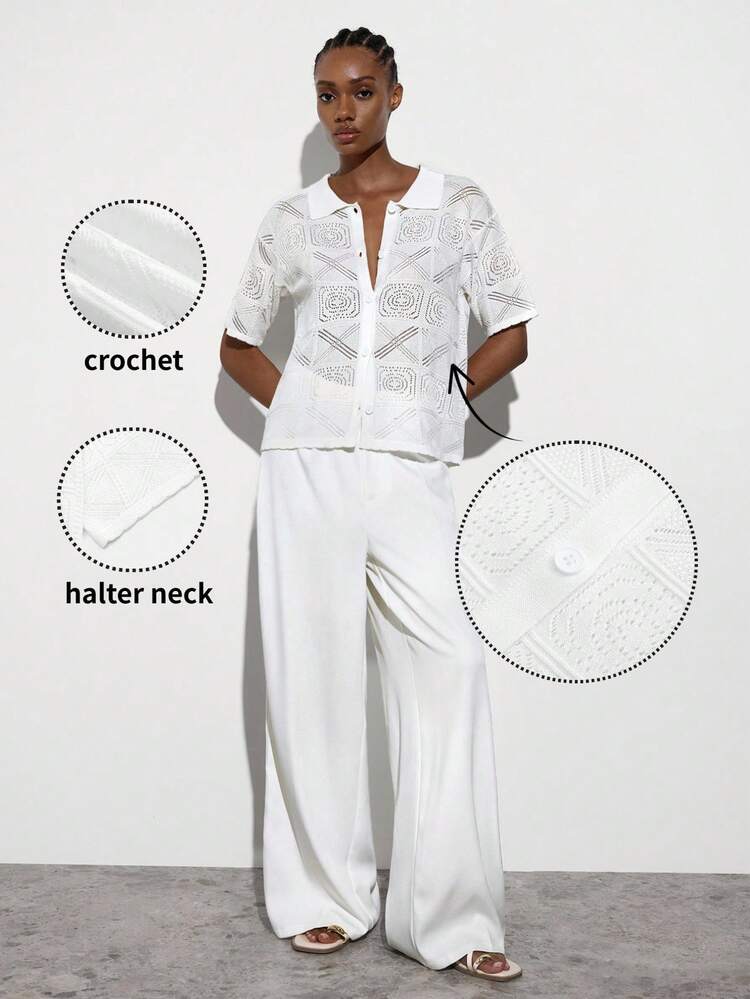 SHEIN Maija MAIJA Geometric Hollow Out Open Knit Polo Collar Button Front Top