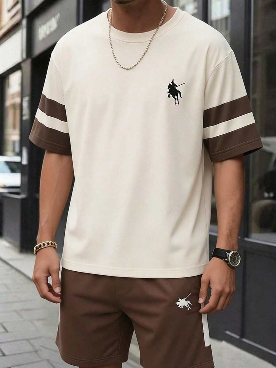 SHEIN Bộ 2 món dành cho bé trai tuổi teen, gồm áo thun ngắn tay cổ tròn in chữ và quần short thể thao năng động mùa hè. - Màu Khaki - Xem 1