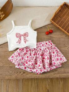 LMoss Kids LMoss 2pcs Baby Girl Knitted Bow Decor Camisole Top And Floral Ruffle Hem Skort Set Clothes Ootd For Summer Outfit Sets - Multicolor - View 1