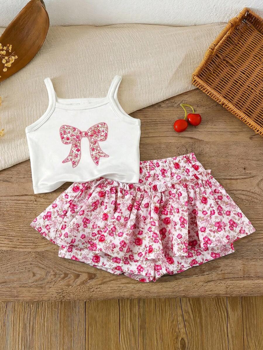 LMoss Kids LMoss 2pcs Baby Girl Knitted Bow Decor Camisole Top And Floral Ruffle Hem Skort Set Clothes Ootd For Summer Outfit Sets - Multicolor - View 1
