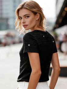 Balvessa Black Textured Shiny Casual Party T-Shirt For Women - Black - View 2