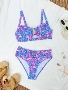 Swim Chiccia 2026春夏棕色加粗肩带可调节后背金色U型装饰高腰亮片设计女士优雅比基尼泳装两件套比基尼泳衣女士泳装两件套比基尼泳装比基尼套装全包式度假套装女士比基尼套装 - 彩色 - 查看 2