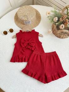 Young Girl Summer Casual Minimalist Bow Decor Ruffle Hem Tank Top And Shorts Set - Red - View 3