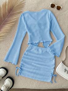Teen Girl Loose Casual Minimalist Comfortable Asymmetric Hem Long Sleeve Top And Skirt 2 Pieces Set - Baby Blue - View 2