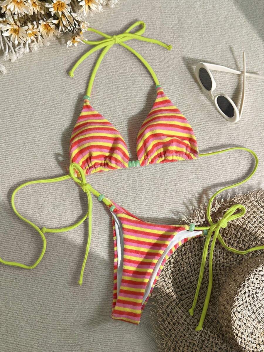 Swim Mod 26SS 夏季海滩度假浅蓝色条纹串珠可爱条纹比基尼两件套 - 彩色 - 查看 1