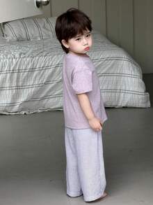 DAZY Bộ đồ ngủ kiểu Hàn Quốc cho bé trai, gồm áo thun cổ tròn và quần dài rộng rãi. - Màu tím - Xem 5