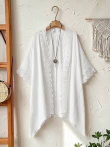 Rusticease Chaqueta delgada de kimono de encaje con parches de color rosa sólido para vacaciones casuales de mujer talla grande - Blanco - Ver 6