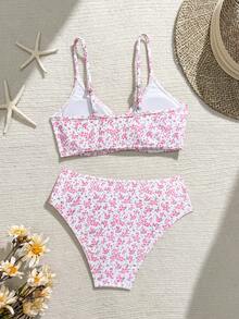 SHEIN Costume da bagno a due pezzi per ragazze pre-adolescenti, con motivo floreale ditsy colorato, top con laccio centrale, slip con laccio laterale, adatto per nuotare, vacanze, estate, elegante e casual alla moda - Rosa - Visualizzare 2