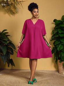 Slaydiva Đầm nữ tay ngắn bằng chiffon, cổ chữ V, dáng rộng, tay bồng, kiểu dáng thanh lịch, thường ngày hoặc công sở, thích hợp cho lễ Phục sinh/miền Tây. - Màu Hồng Tươi - Xem 6