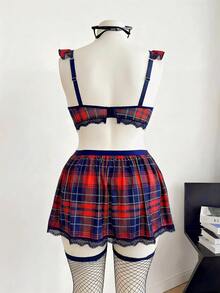 Fantasy Costume 5件套：经典格纹牛奶丝钢圈镂空褶皱短袖A字裙套装，蕾丝拼接女士内衣套装 - 彩色 - 查看 2