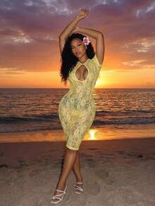 SHEIN BamGlam Women's Fashionable Sexy Hollow Lace Sheer Jumpsuit - Yellow - View 3