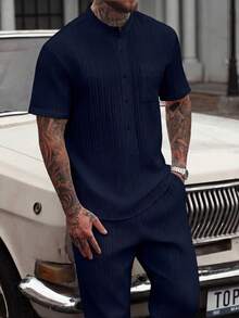Manfinity CasualCool Traje casual formal de hombre de unicolor con camisa de manga corta de un solo botón y pantalones - azul real - Ver 5