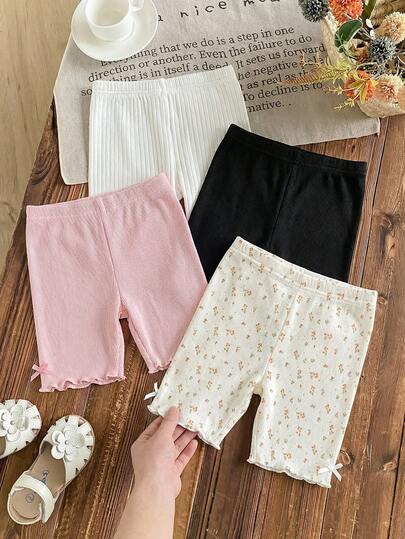 SHEIN LMoss Kids 4pcs/Set Young Girl Solid Color Knit Leggings For Girls Girls Summer Shorts Biker Shorts For Girls Legging Shorts For Girls, School, Campus, College, Cute Pants For Kids Baby Girl Summer Pants Girls Ribbed Bike Shorts Set With Leopard Print Floral And Solid Designs Comfortable Kids Cycling Shorts Collection Kids Summer Ribbed Pattern Cycling Shorts With Floral And Animal Print Comfortable Breathable Bike Shorts For Girls