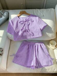 SHEIN LUNE 大码女式格子印花返校套装，女士前系带衬衫，商务休闲，适合曲线身材，搭配短裤，返校季两件套，秋季女装，复古富贵风格 - 紫色 - 查看 7