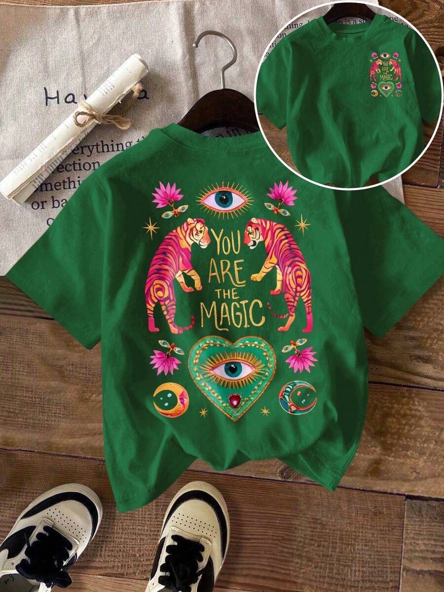 DrmWander 女士T恤，休闲街头风印花短袖T恤，可爱夏季上衣 - 綠色 - 查看 1