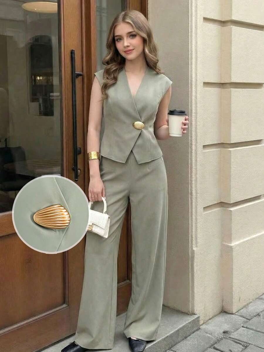 SHEIN 少女T恤套装，优雅简约休闲通勤日常金属扣短袖露脐上衣搭配高腰阔腿裤，杏色、橄榄绿、深绿色可选 - 薄荷綠 - 查看 1