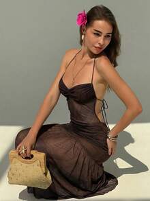 Aloruh Vestido sin mangas con estampado floral romántico y espalda descubierta, adecuado para citas, vacaciones, primavera/verano - Marrón - Ver 6