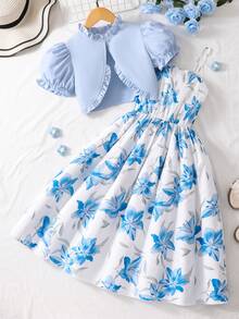 Bộ đồ 2 món dễ thương cho bé gái tuổi teen: Áo tay cánh hoa xếp nếp và váy in hoa. - Màu xanh lam - Xem 3