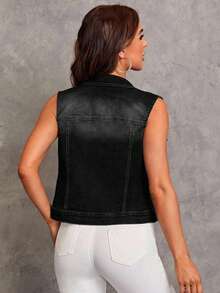 EMERY ROSE EMERY ROSE Women's Contrast Color Button Front Pocket Casual Sleeveless Denim Jacket And Coat - Black - View 3