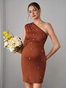 Momance Đầm bầu thời trang dành cho bà bầu, kiểu dáng bất đối xứng, đính ngọc trai giả, thanh lịch. - Cà phê - Xem 4