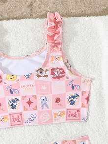 LOONEY TUNES X SHEIN GraphicGems Trang phục đi biển cho bé gái - Áo tankini và quần bikini in họa tiết kẻ caro hồng dễ thương. - Nhiều màu - Xem 4