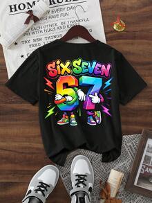 SHEIN T-shirt court de base confortable avec imprimé graphique minimaliste rafraîchissant de style dessin animé numéro 67, pour garçons pré-adolescents. Convient pour les tenues décontractées du printemps, de l'été et de l'automne - Noir - Voir 5