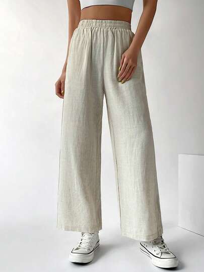 SHEIN EZwear 彈性腰帶口袋貼布闊腿褲