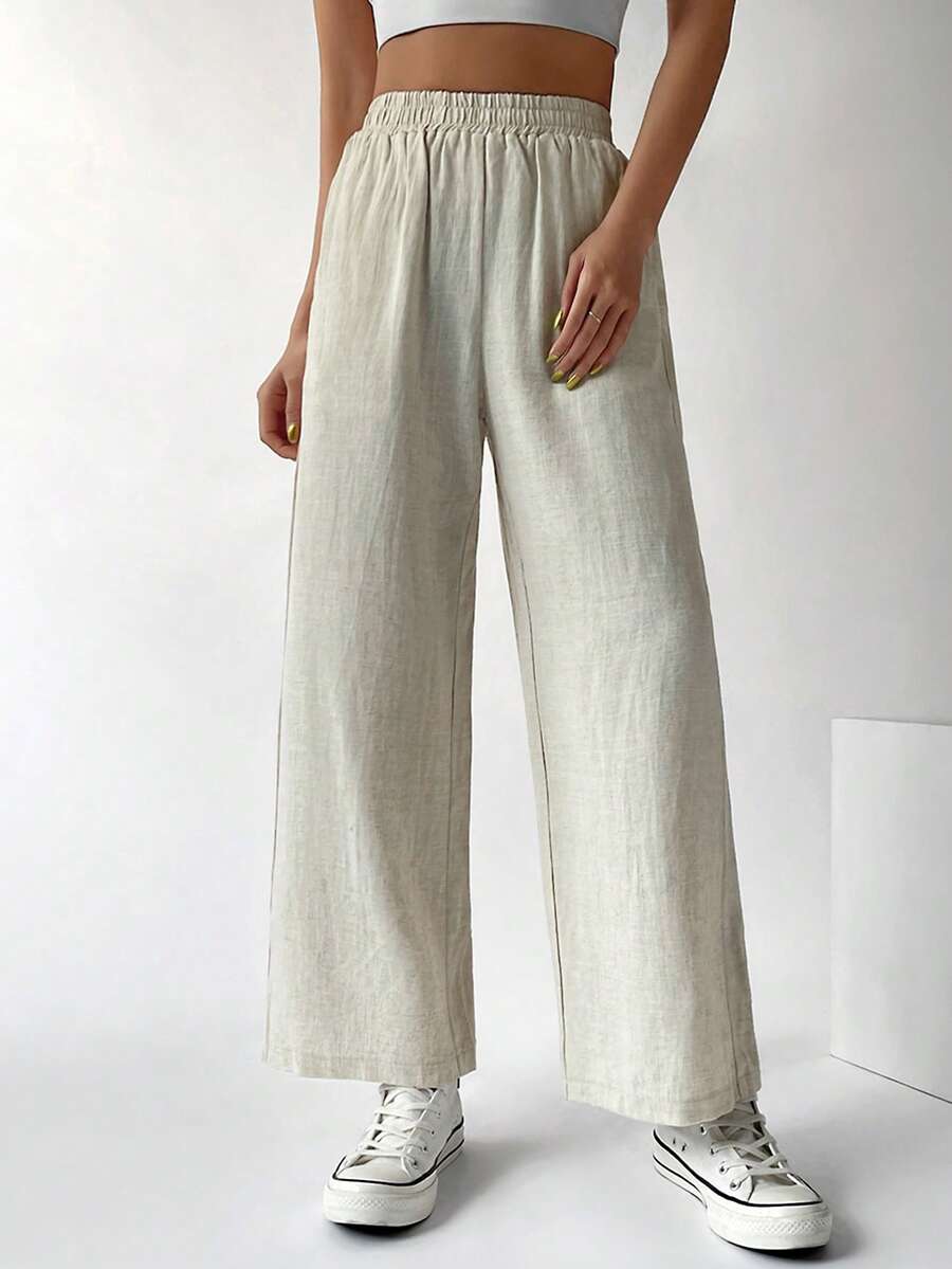 SHEIN EZwear Elastic Waist Pocket Patched Wide Leg Pants - Beige - View 1