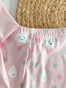 Genkimix Kids 2-Piece Baby Girls Ribbed Knit Pajama Set,Bunny & Cloud Graphic Print,Light Pink,Summer,Cute,Graphic,Holiday,Short Sleeve Top & Long Pants,Snug Fit - Pink - View 8