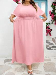 SHEIN CURVE+ 2026春夏新款大码度假休闲/日常休闲/外出/优雅派对/浪漫纯色黄色插肩袖弹力腰部收褶大A字摆梭织纹理面料女式大码长裙 - 粉色 - 查看 5