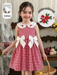 LMoss Kids Đầm chữ A ôm dáng, cổ tròn, phối bèo nhún và nơ trang trí, màu đỏ, thích hợp cho kỳ nghỉ gia đình, tiệc tùng, sinh nhật và các dịp khác. Kiểu dáng dễ thương, thanh lịch và thời trang, thể hiện phong cách công chúa. Có thể mặc cùng mẹ, con gái hoặc em gái. Thích hợp cho mùa xuân/hè. - Nhiều màu - Xem 4