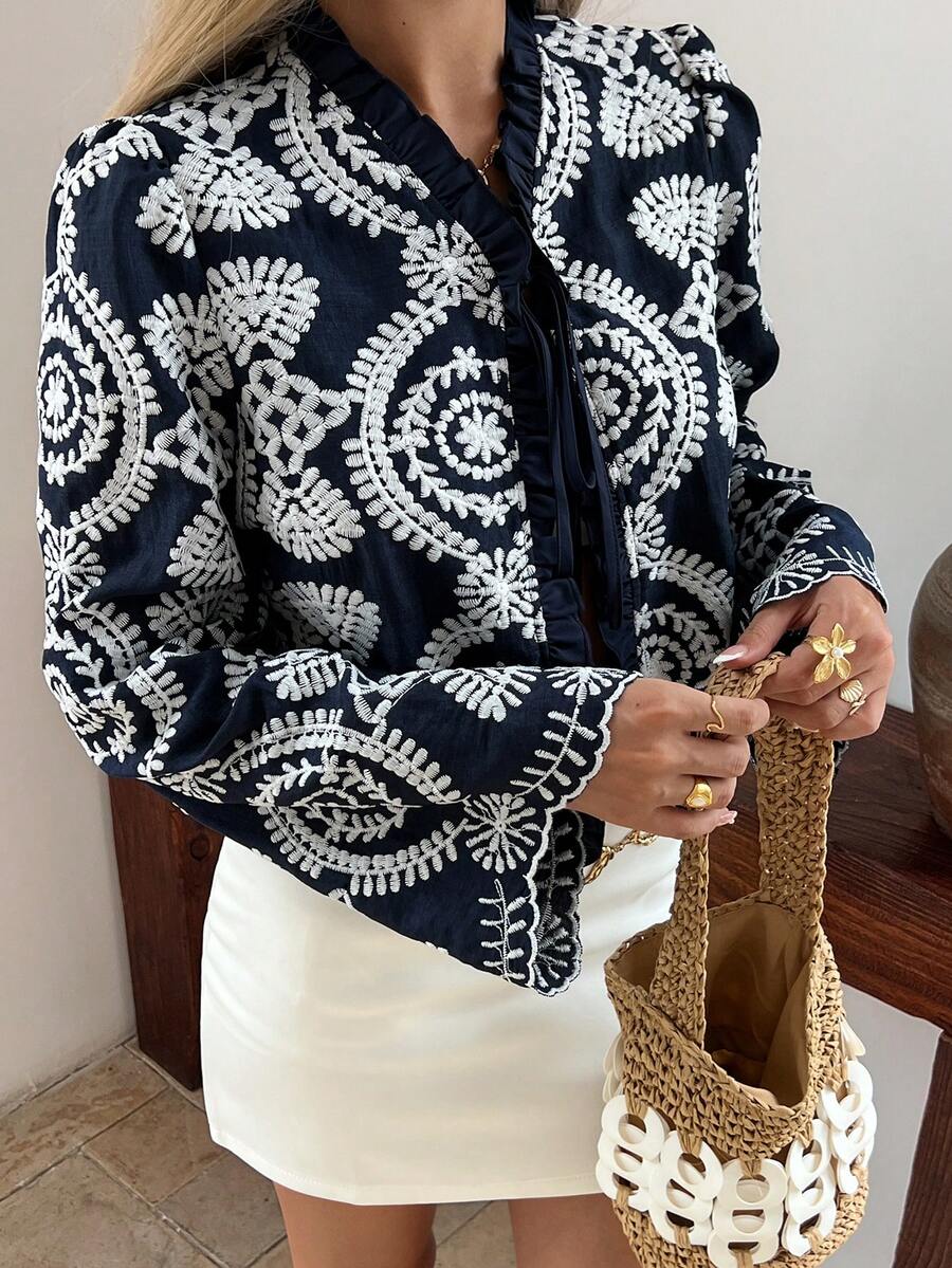 DAZY 女士休闲度假蓝色轻薄外套，女士波西米亚风衬衫 - 藏蓝色 - 查看 1