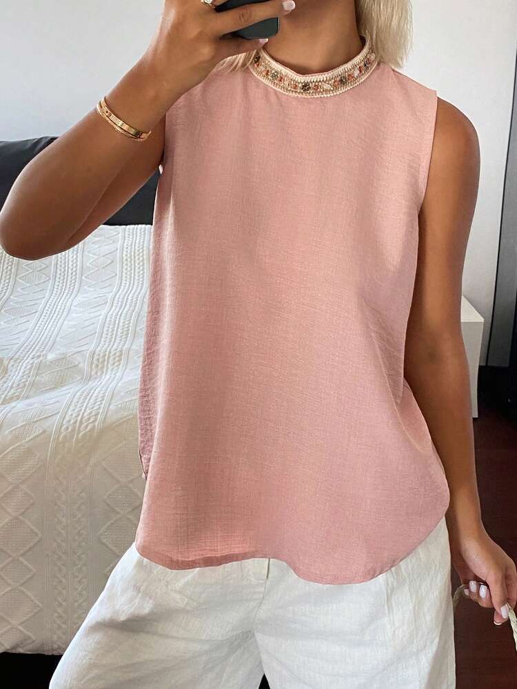 Patchwork Lace Trim Loose Round Neck Sleeveless Casual Summer Tank Top For Women