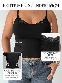 SHEIN PETITE CURVE 大尺碼女款黑色蕾絲飾邊細肩帶背心上衣，優雅夏季吊帶上衣，正式晚裝日常休閒，免內衣度假款，Y2K鄉村風 - 黑色 - 查看 3