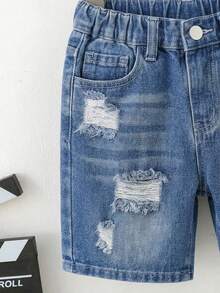 Young Boy Summer Casual Street Cool Minimalist Fashion Versatile Comfortable Elastic Waist Washed Black Ripped Denim Shorts,Suitable For Daily Outing - Medium Wash - View 4