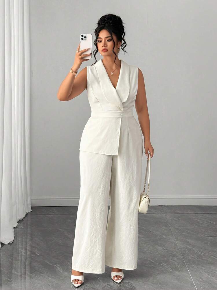 Elenzga Macacão Sem Mangas Plus Size para Mulheres, Macacão Elegante de Perna Larga de Peça Única para Trabalho, Macacão Sem Mangas com Lapela e Calça Longa. Design com Detalhe na Cintura, Macacão Branco Clássico. Macacão Slim-Fit Sem Mangas. Estilo Atemporal, Adequado para Convidados de Casamento de Verão ou Madrinhas, Silhueta de Perna Larga Também Pode Valorizar a Figura - Bege - Visão 6