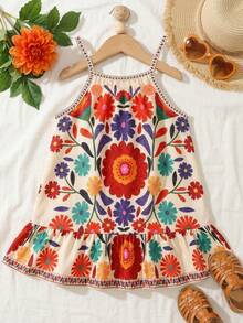 Baby Girl 0-3 Years Cute Floral Pattern Ruffle Hem Suspender Dress, Suitable For Summer Daily Wear, Outings, Vacation, Party, Summer Holiday - Multicolor - View 2