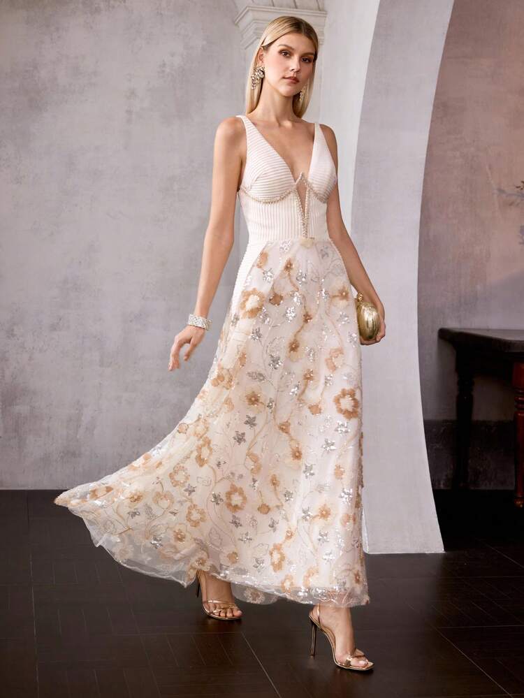 MOTF Soiréza SPRING & SUMMER PATCHWORK TEXTURED EMBROIDERED WAIST FLARED DRESS