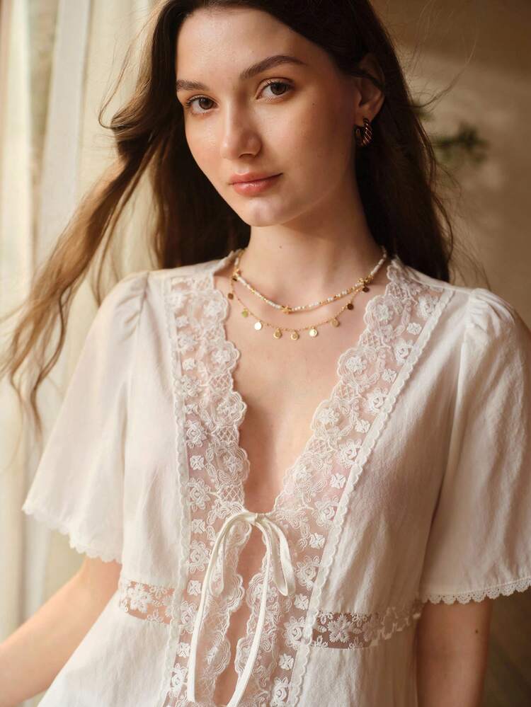 COTTON TIE FRONT EMBROIDERED PATCHWORK TOP AND SHORTS PAJAMA SET, SPRING/SUMMER