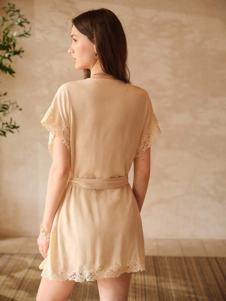 CONTRAST LACE BELTED SHORT SLEEVE ROBE, SPRING/SUMMER
