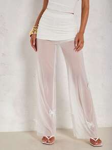 Glamine Summer Pure Desire Style White Sheer Mesh Long Pants For Women, High Waist With Side Drawstring Ruched Design, Slimming Butterfly Applique Flare Leg Y2K Sexy Trousers, Versatile Elegant Casual Pants For Beach Vacation, Date & Commute - White - View 7
