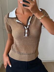 DAZY Áo polo nữ mỏng dệt kim cổ tròn khoét rỗng, phối màu tương phản, kiểu dáng thường ngày cho mùa hè, thích hợp cho kỳ nghỉ. - màu nâu - Xem 2