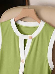 Nuevo vestido de mujer con cuello redondo, sin mangas y con bloques de color - Verde - Ver 7